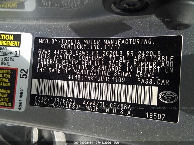 Photo 8 VIN: 4T1B11HK1JU051109 - TOYOTA CAMRY 