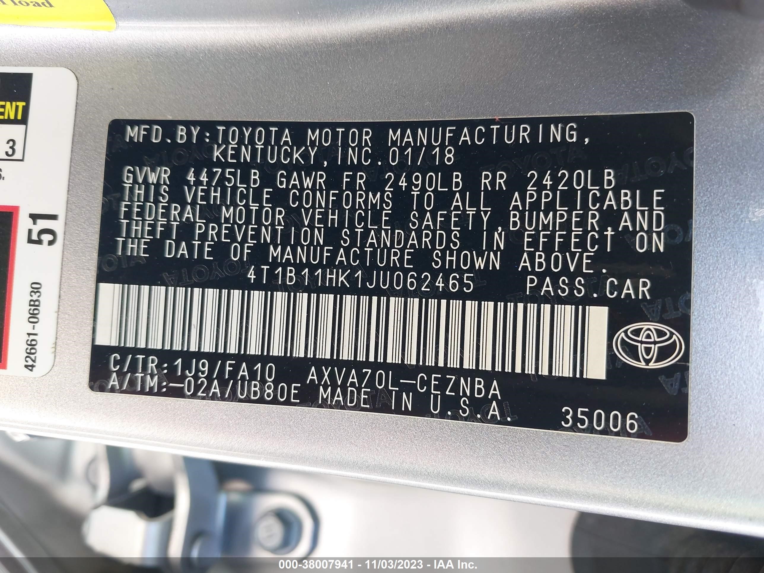 Photo 8 VIN: 4T1B11HK1JU062465 - TOYOTA CAMRY 