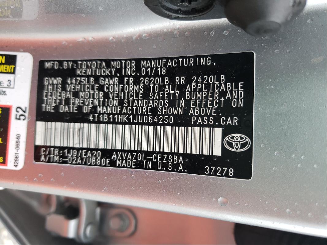 Photo 9 VIN: 4T1B11HK1JU064250 - TOYOTA CAMRY L 