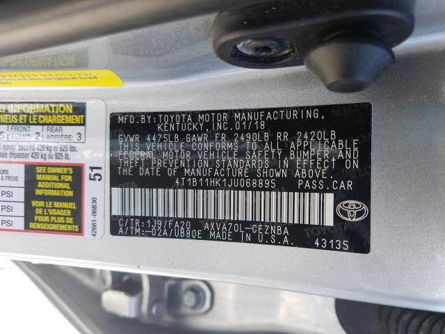 Photo 9 VIN: 4T1B11HK1JU068895 - TOYOTA CAMRY L 