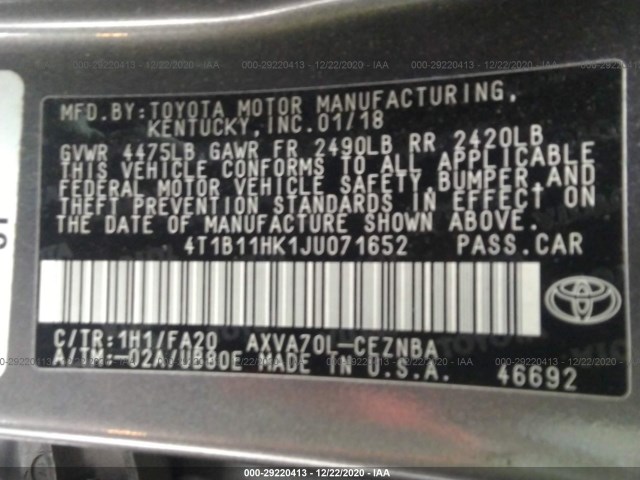 Photo 8 VIN: 4T1B11HK1JU071652 - TOYOTA CAMRY 