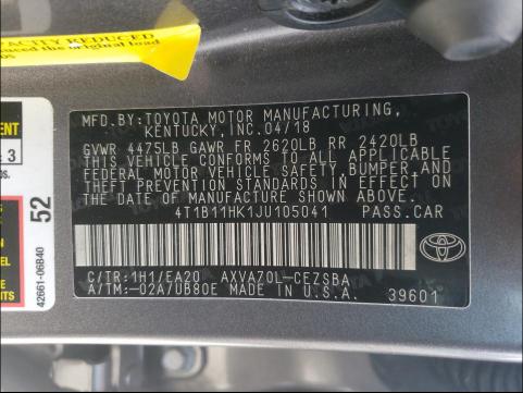 Photo 9 VIN: 4T1B11HK1JU105041 - TOYOTA CAMRY L 