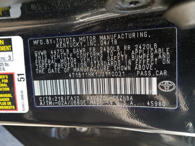 Photo 9 VIN: 4T1B11HK1JU110031 - TOYOTA CAMRY L 