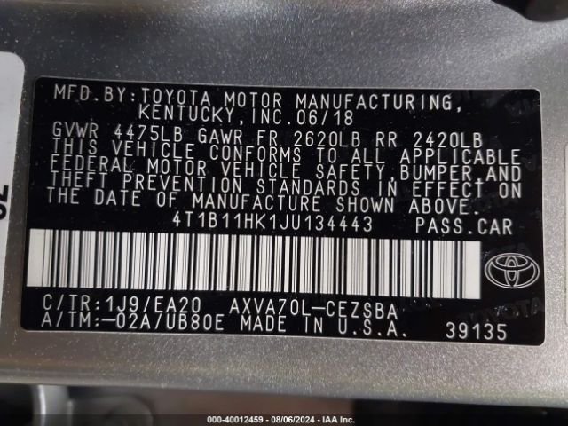 Photo 8 VIN: 4T1B11HK1JU134443 - TOYOTA CAMRY 