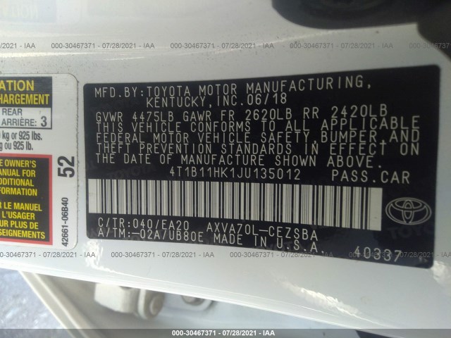 Photo 8 VIN: 4T1B11HK1JU135012 - TOYOTA CAMRY 