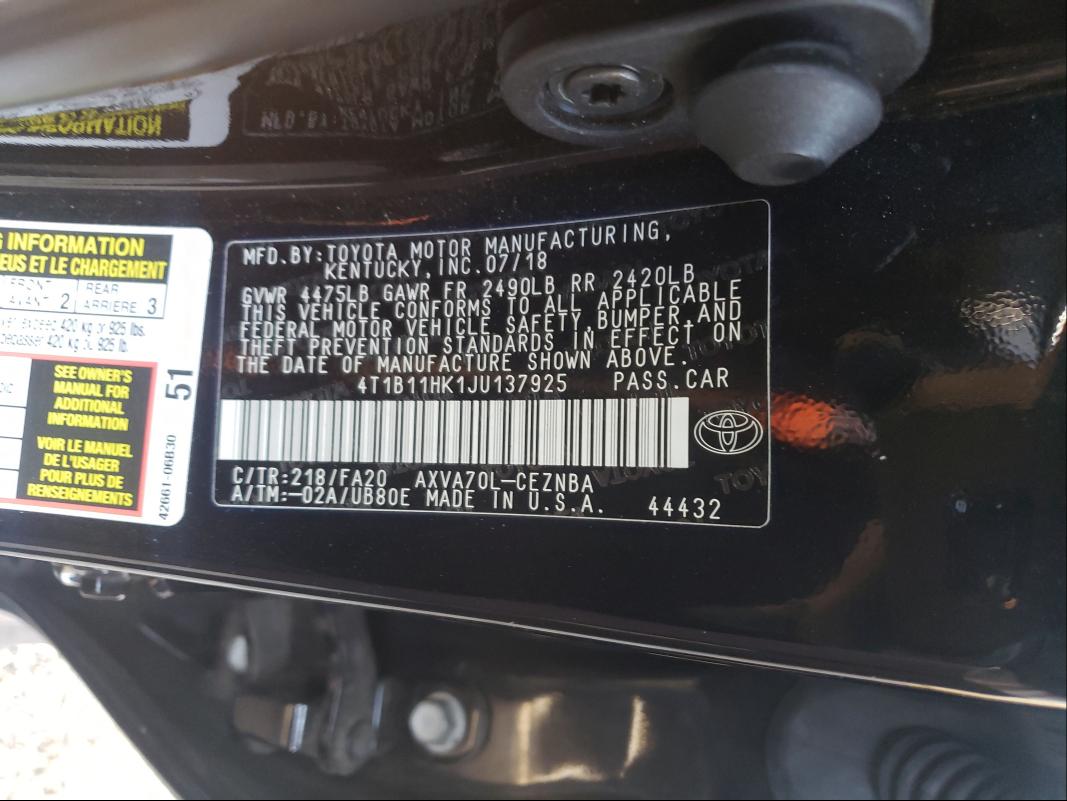 Photo 9 VIN: 4T1B11HK1JU137925 - TOYOTA CAMRY L 