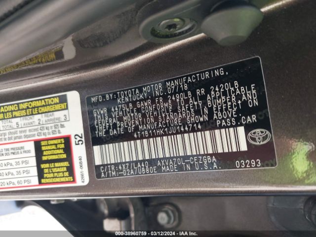 Photo 8 VIN: 4T1B11HK1JU144714 - TOYOTA CAMRY 