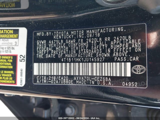 Photo 8 VIN: 4T1B11HK1JU145927 - TOYOTA CAMRY 