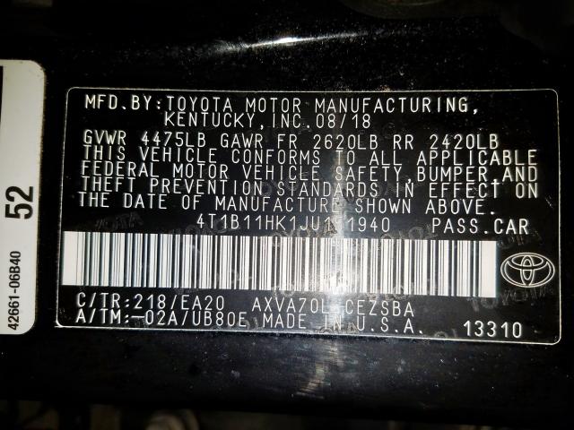 Photo 9 VIN: 4T1B11HK1JU151940 - TOYOTA CAMRY L 