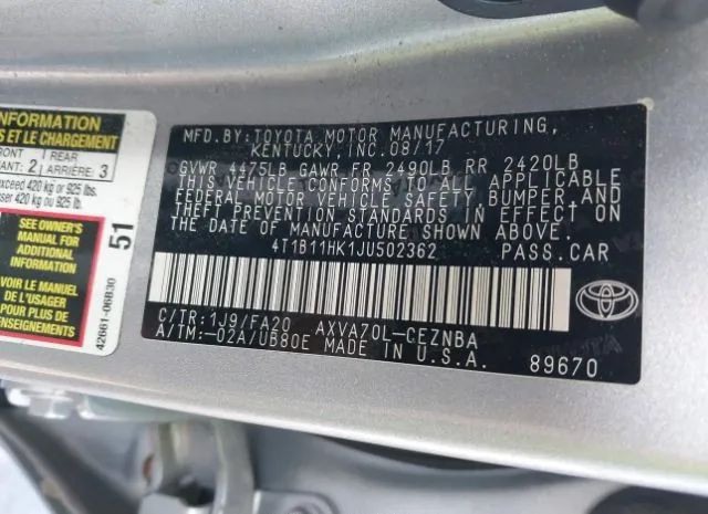 Photo 8 VIN: 4T1B11HK1JU502362 - TOYOTA CAMRY 