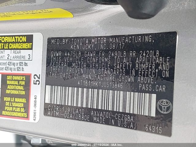 Photo 8 VIN: 4T1B11HK1JU513846 - TOYOTA CAMRY 