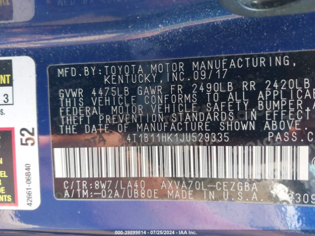 Photo 8 VIN: 4T1B11HK1JU529335 - TOYOTA CAMRY 