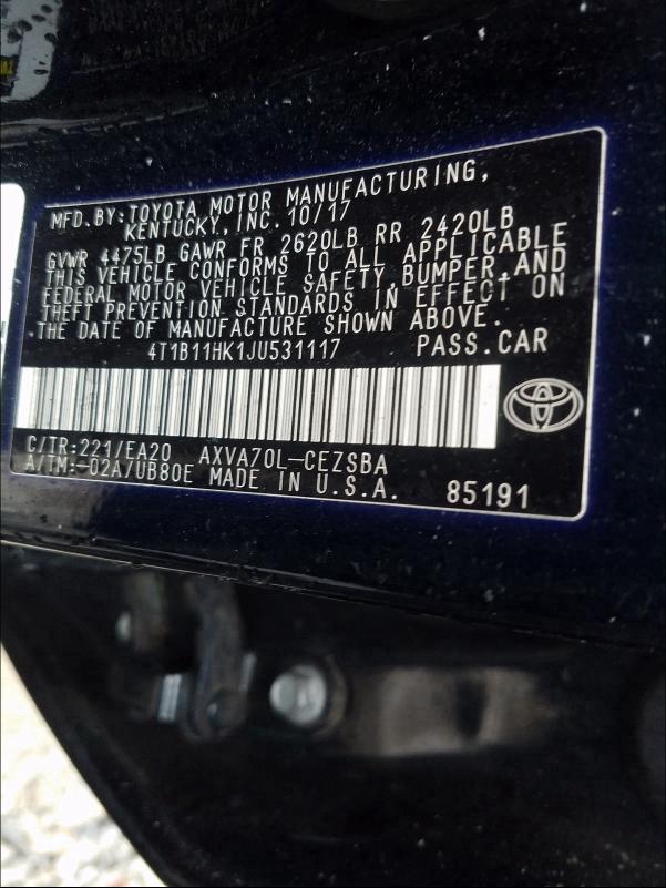 Photo 9 VIN: 4T1B11HK1JU531117 - TOYOTA CAMRY L 