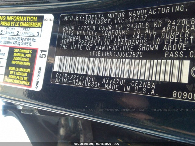 Photo 8 VIN: 4T1B11HK1JU562920 - TOYOTA CAMRY 