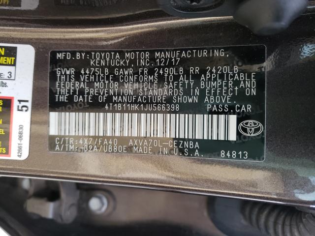 Photo 9 VIN: 4T1B11HK1JU566398 - TOYOTA CAMRY L 