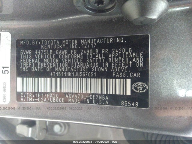 Photo 8 VIN: 4T1B11HK1JU567051 - TOYOTA CAMRY 