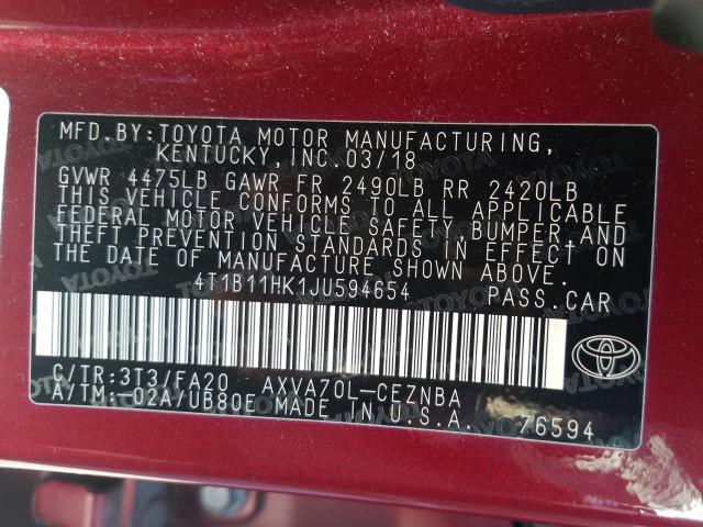 Photo 9 VIN: 4T1B11HK1JU594654 - TOYOTA CAMRY L 