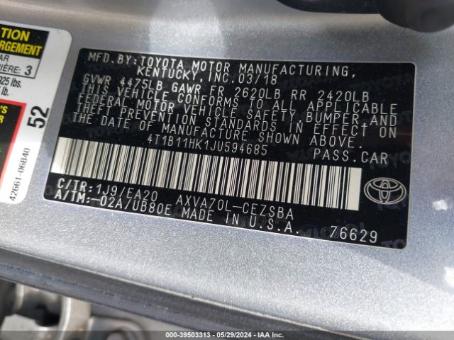 Photo 8 VIN: 4T1B11HK1JU594685 - TOYOTA CAMRY 