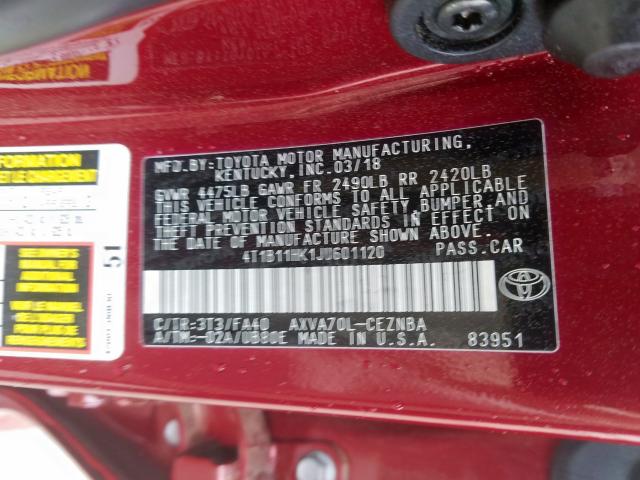 Photo 9 VIN: 4T1B11HK1JU601120 - TOYOTA CAMRY L 