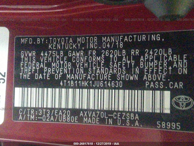 Photo 8 VIN: 4T1B11HK1JU614630 - TOYOTA CAMRY 