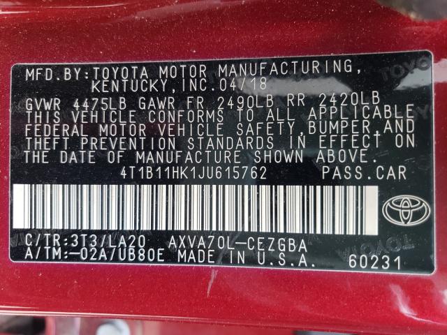 Photo 9 VIN: 4T1B11HK1JU615762 - TOYOTA CAMRY L 