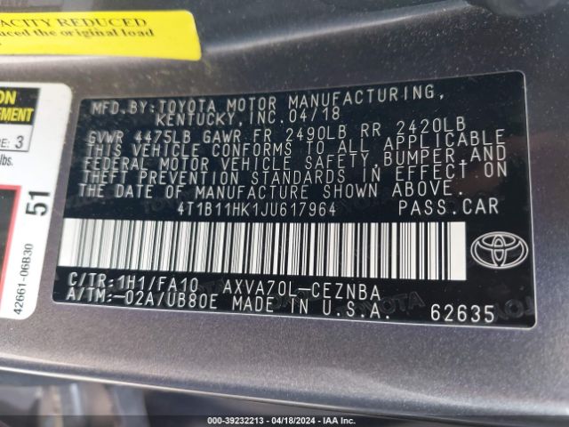 Photo 8 VIN: 4T1B11HK1JU617964 - TOYOTA CAMRY 