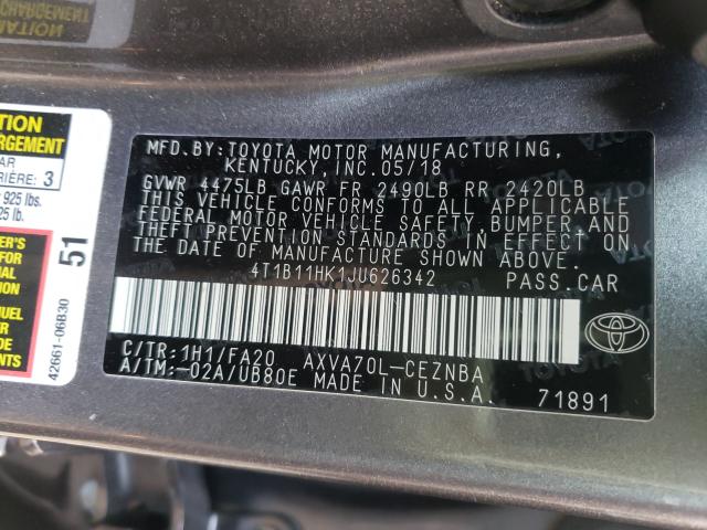 Photo 9 VIN: 4T1B11HK1JU626342 - TOYOTA CAMRY L 