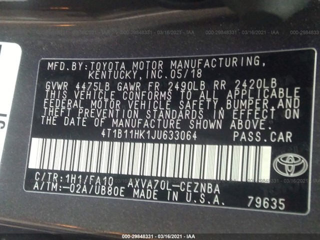 Photo 8 VIN: 4T1B11HK1JU633064 - TOYOTA CAMRY 