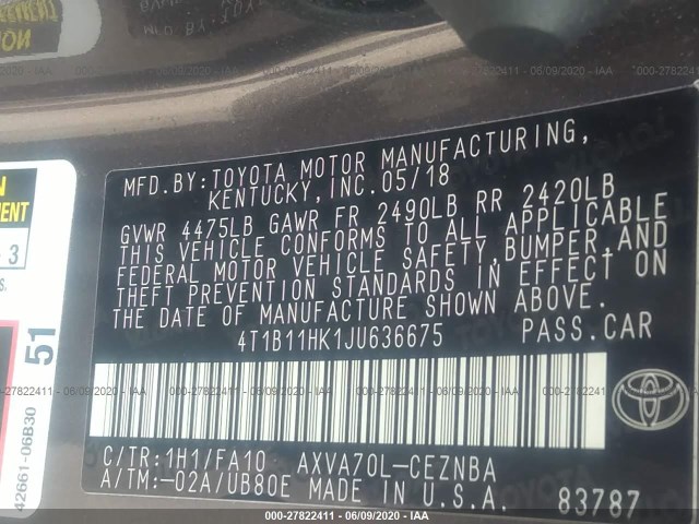 Photo 8 VIN: 4T1B11HK1JU636675 - TOYOTA CAMRY 