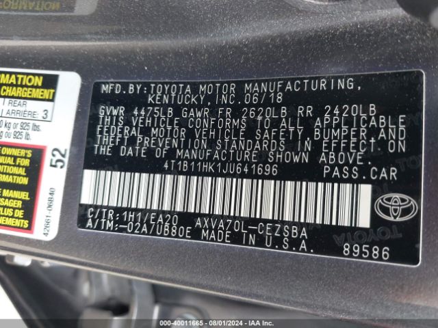 Photo 8 VIN: 4T1B11HK1JU641696 - TOYOTA CAMRY 