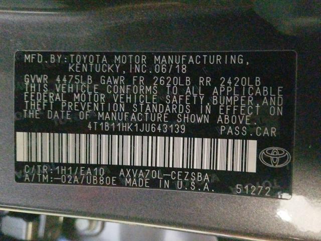 Photo 9 VIN: 4T1B11HK1JU643139 - TOYOTA CAMRY L 