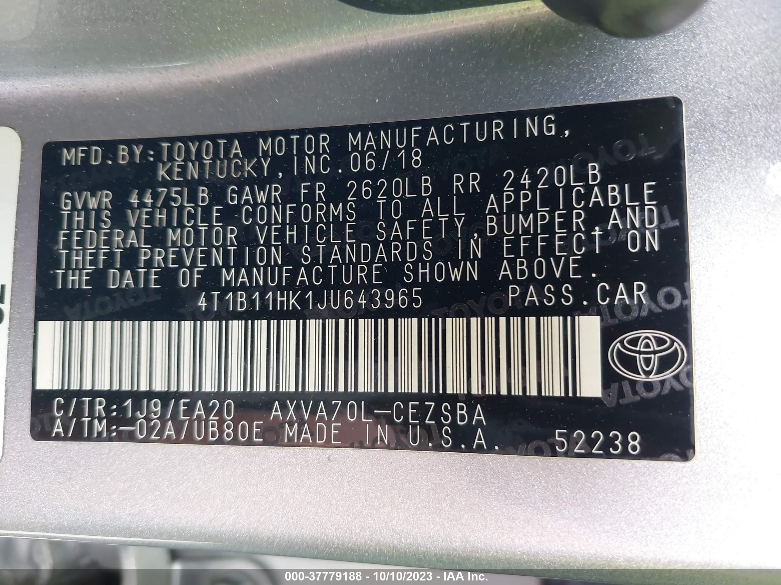 Photo 8 VIN: 4T1B11HK1JU643965 - TOYOTA CAMRY 