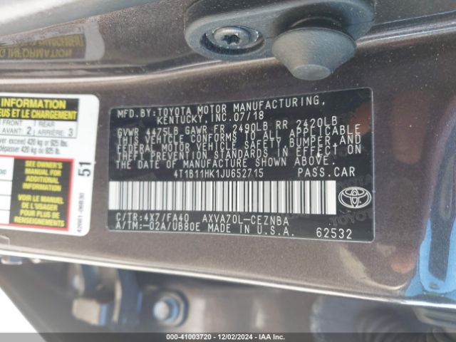 Photo 8 VIN: 4T1B11HK1JU652715 - TOYOTA CAMRY 