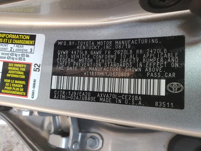 Photo 9 VIN: 4T1B11HK1JU670809 - TOYOTA CAMRY L 