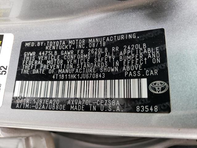 Photo 12 VIN: 4T1B11HK1JU670843 - TOYOTA CAMRY L 