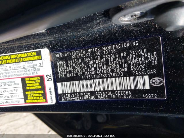 Photo 8 VIN: 4T1B11HK1KU176273 - TOYOTA CAMRY 