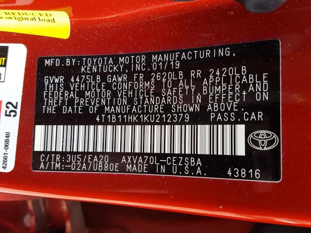 Photo 9 VIN: 4T1B11HK1KU212379 - TOYOTA CAMRY L 