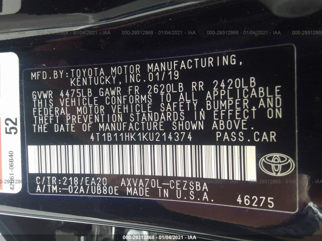 Photo 8 VIN: 4T1B11HK1KU214374 - TOYOTA CAMRY 