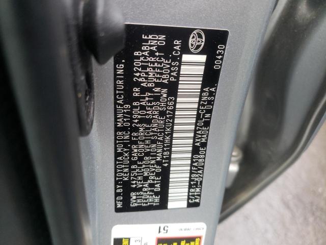 Photo 9 VIN: 4T1B11HK1KU217663 - TOYOTA CAMRY L 