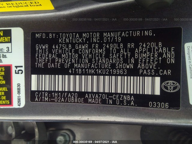 Photo 8 VIN: 4T1B11HK1KU219963 - TOYOTA CAMRY 