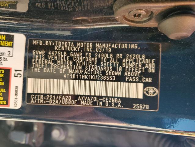 Photo 11 VIN: 4T1B11HK1KU236553 - TOYOTA CAMRY L 