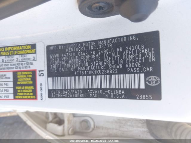 Photo 8 VIN: 4T1B11HK1KU238822 - TOYOTA CAMRY 