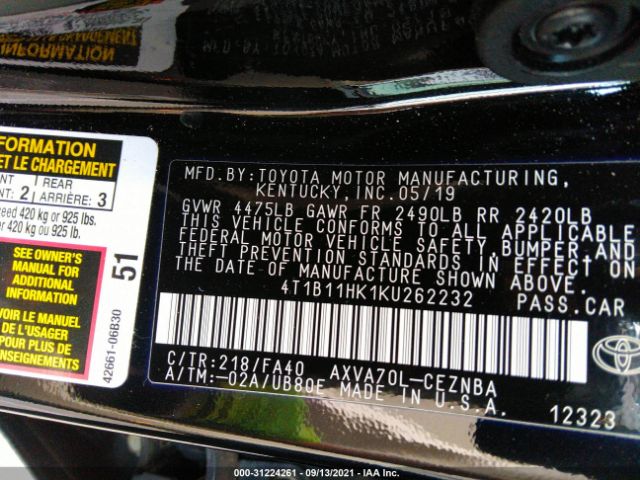 Photo 8 VIN: 4T1B11HK1KU262232 - TOYOTA CAMRY 