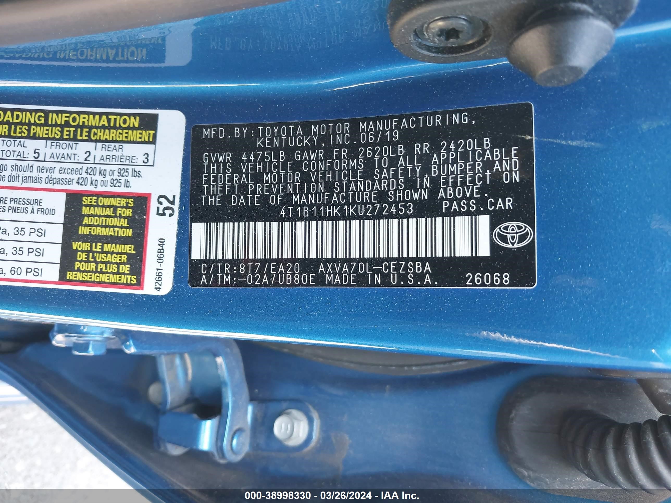 Photo 8 VIN: 4T1B11HK1KU272453 - TOYOTA CAMRY 