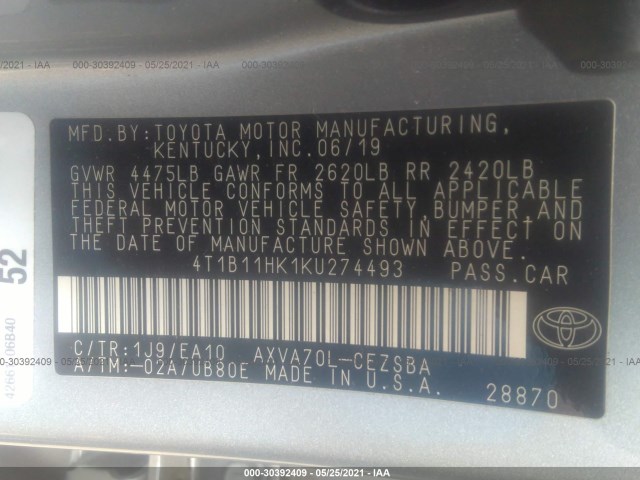 Photo 8 VIN: 4T1B11HK1KU274493 - TOYOTA CAMRY 