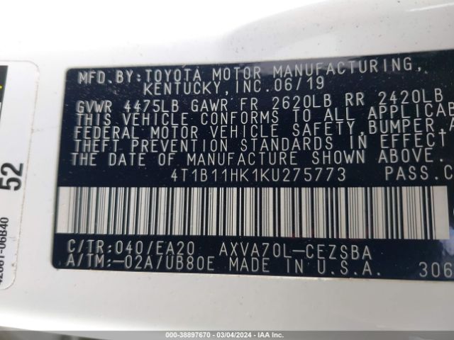 Photo 8 VIN: 4T1B11HK1KU275773 - TOYOTA CAMRY 