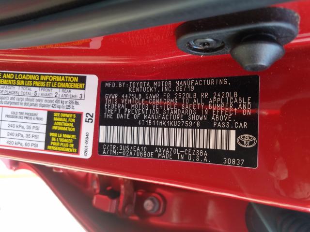 Photo 9 VIN: 4T1B11HK1KU275918 - TOYOTA CAMRY L 