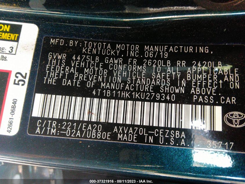 Photo 8 VIN: 4T1B11HK1KU279340 - TOYOTA CAMRY 