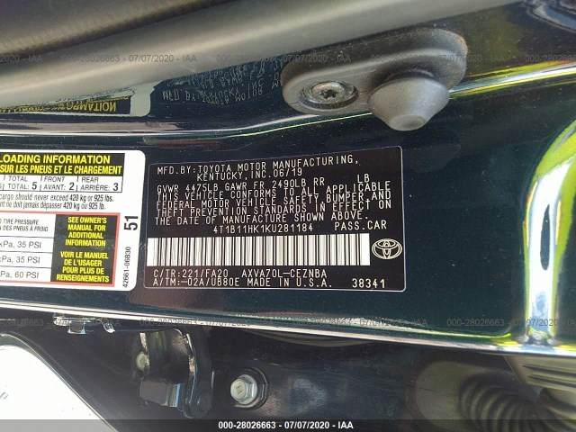 Photo 8 VIN: 4T1B11HK1KU281184 - TOYOTA CAMRY 