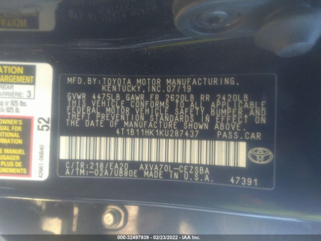 Photo 8 VIN: 4T1B11HK1KU287437 - TOYOTA CAMRY 